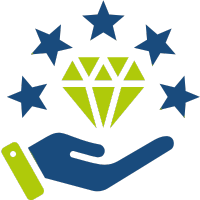 Icon with an open hand holding a green diamond, surrounded by blue stars, symbolizing value and excellence.